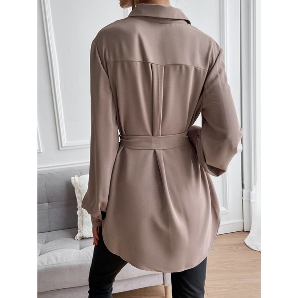 long sleeve Button down Belted tunic length Shirt black - Picture 3 of 11